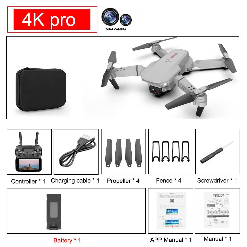 E88 Pro Foldable Quadcopter Drone - WIFI FPV, HD 4K Camera, Altitude Hold - Futures - GizmosFutures - Gizmos4K Pro 1B (366)E88 Pro Foldable Quadcopter Drone - WIFI FPV, HD 4K Camera, Altitude Hold