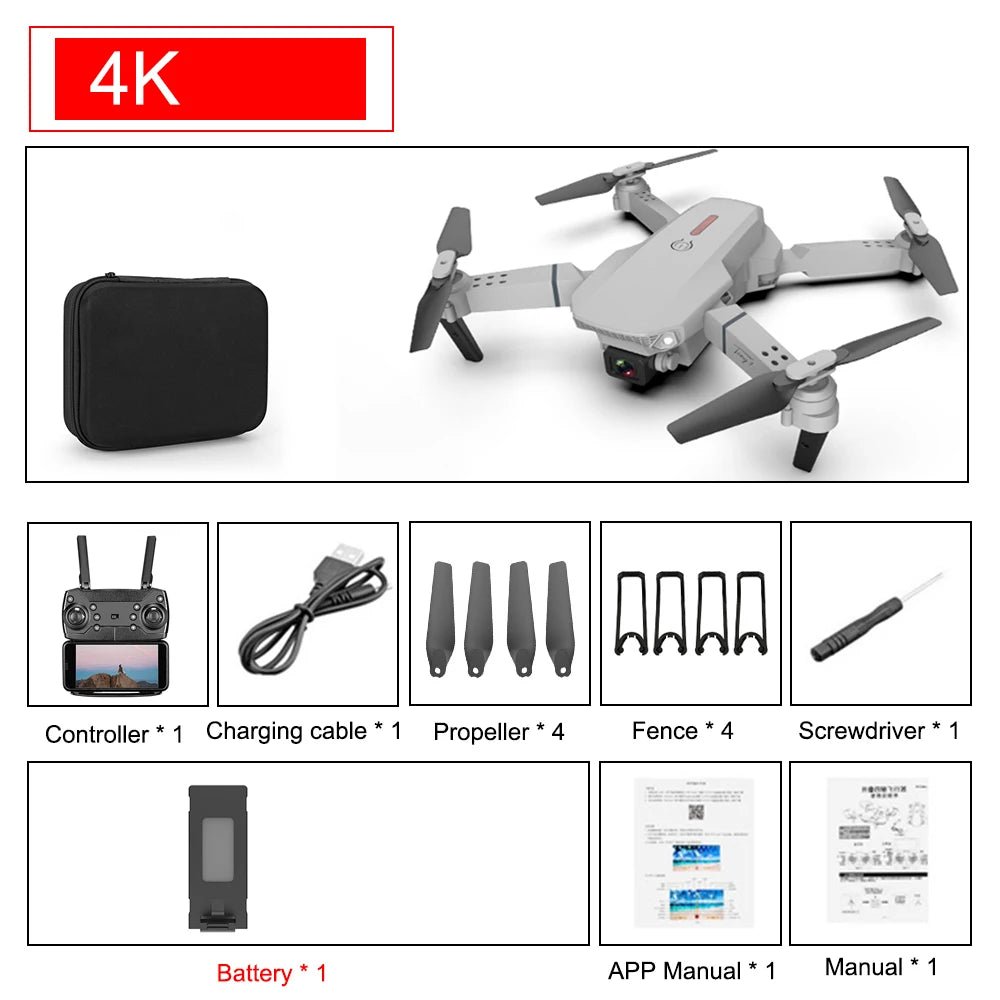 E88 Pro Foldable Quadcopter Drone - WIFI FPV, HD 4K Camera, Altitude Hold - Futures - GizmosFutures - Gizmos4K 1B (691)E88 Pro Foldable Quadcopter Drone - WIFI FPV, HD 4K Camera, Altitude Hold